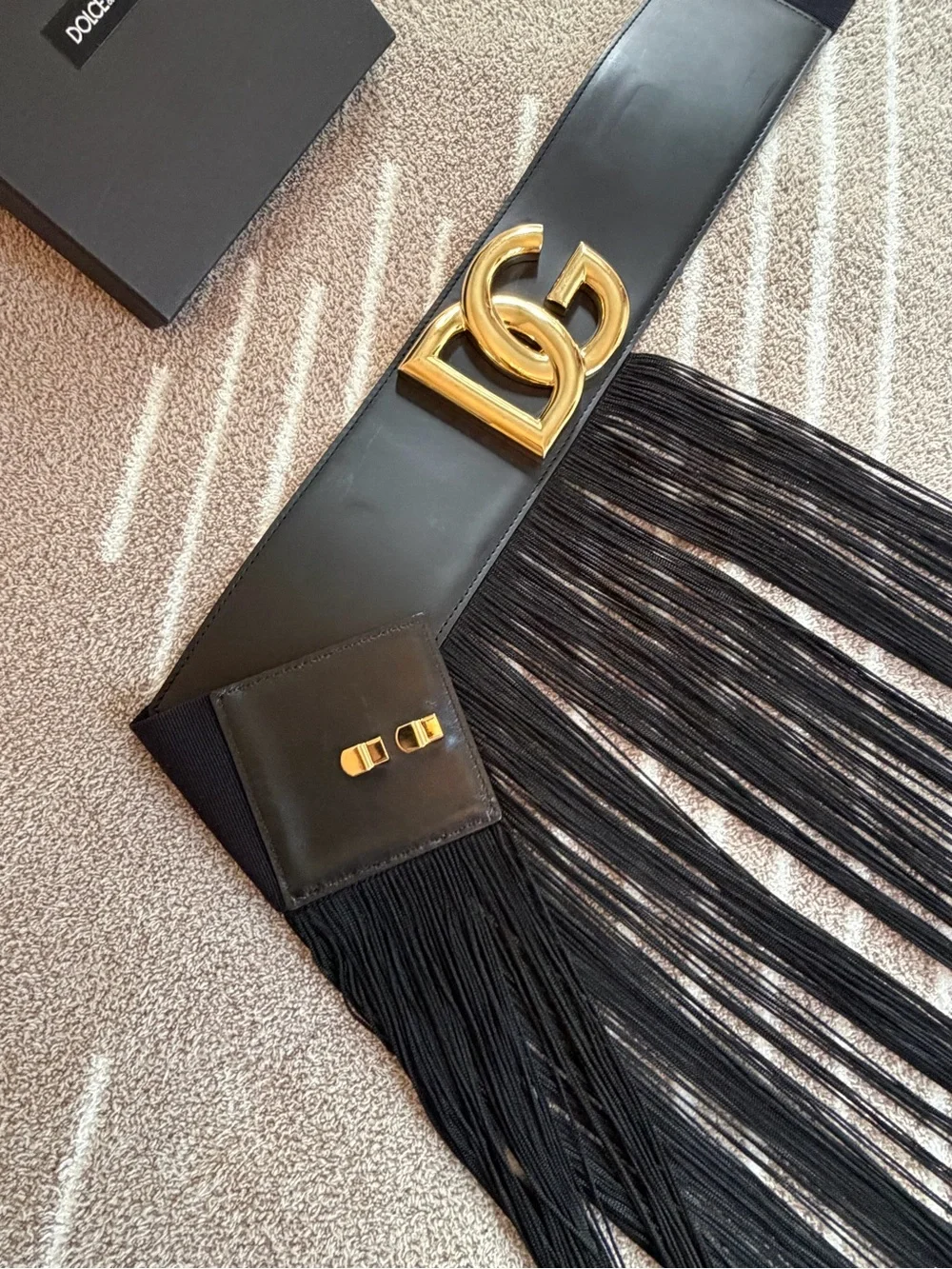 Dolce & Gabbana Runway Black Leather Fringe Belt with Gold DG Buckle